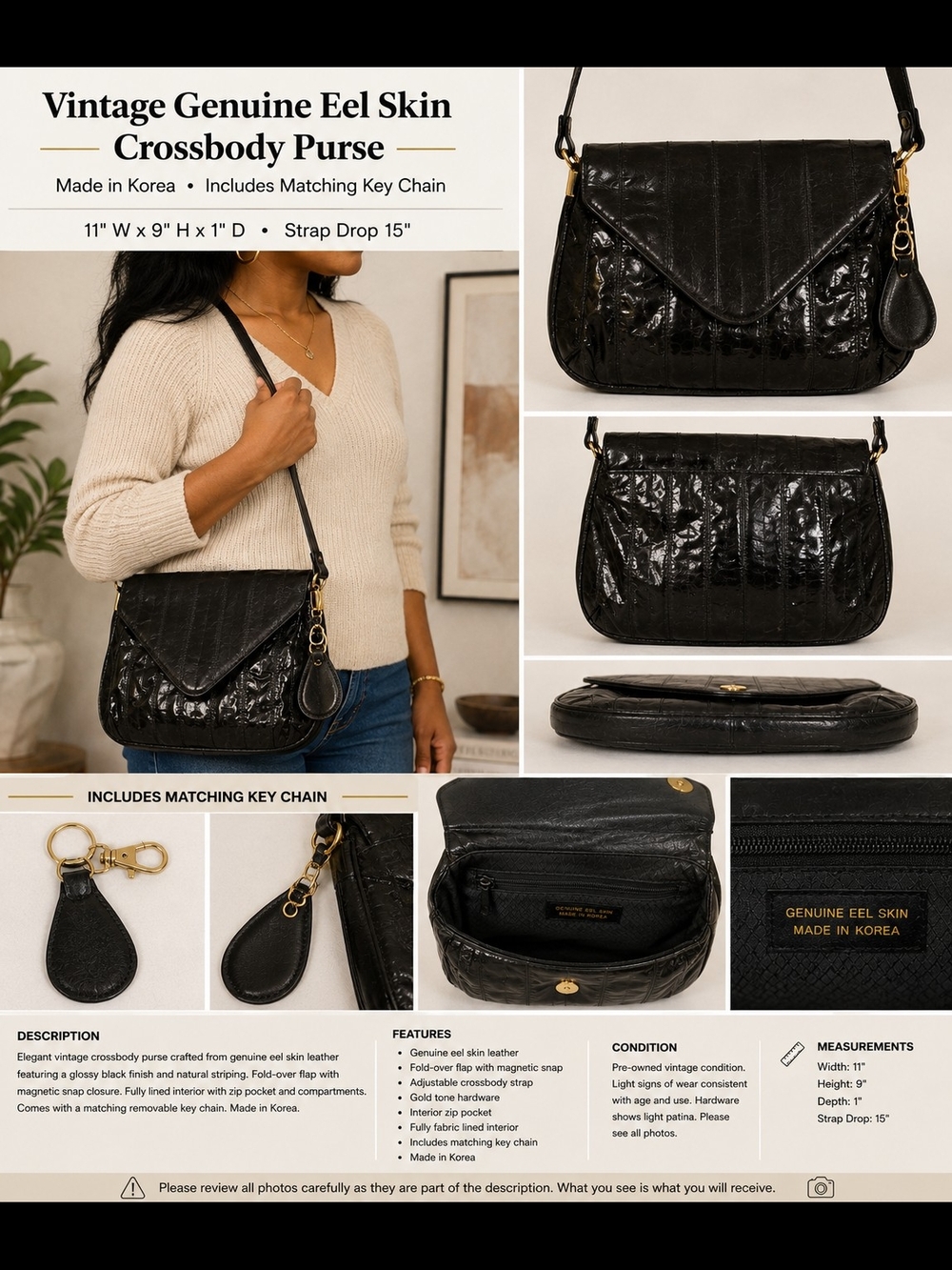 Vintage Genuine Eel Skin Black Flap Crossbody Handbag Purse + Matching Keychain